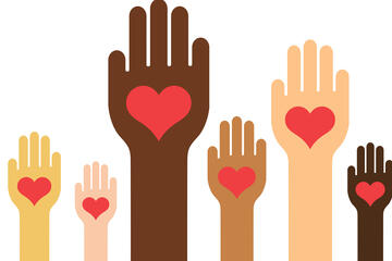 A drawng of hands with hearts on the palms raised in the air