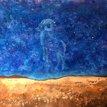 Fawn Douglas, Where the Creator Goes to Dream (View of the Desert National Wildlife Refuge and the story of the Bighorn Sheep), mixed media, 24” x 18”, 2019