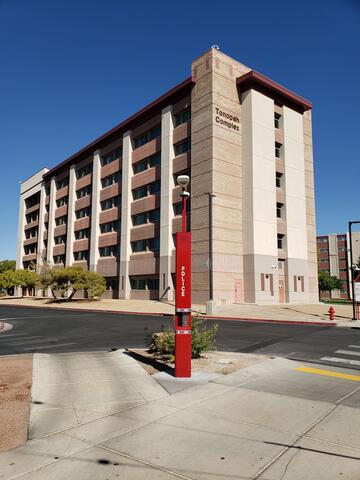 updated emergency phone in front of student dorm