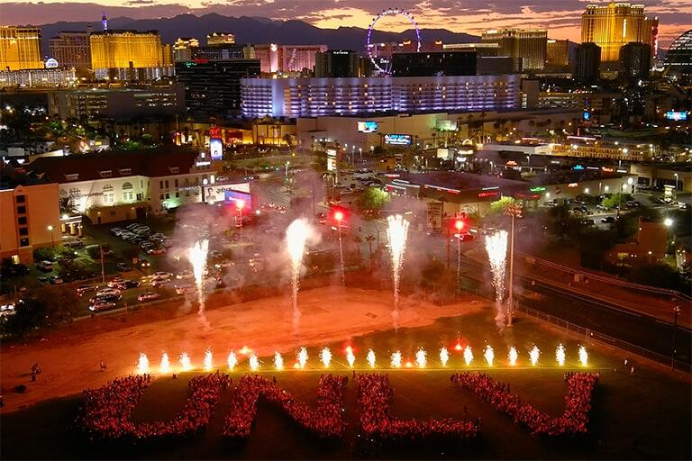 Premier U.N.L.V. celebration with Las Vegas Strip in the background