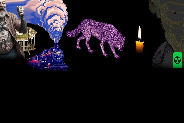 art illustration that shows a wolf, train, and other elements