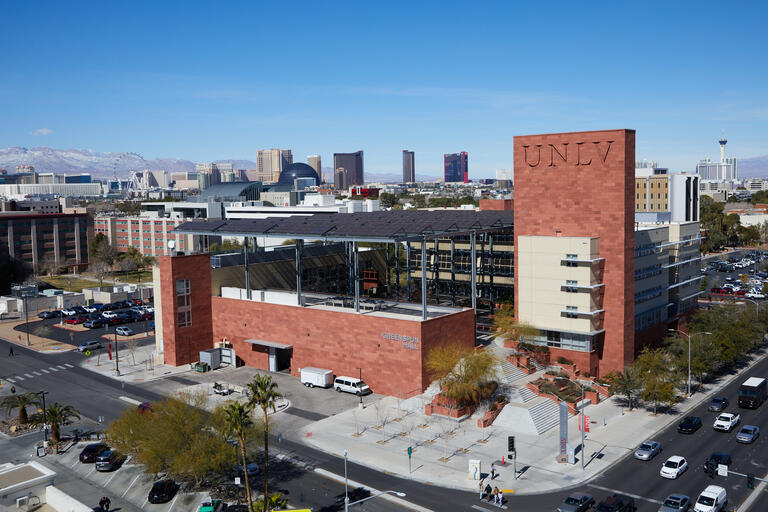UNLV Greenspun Building with Las Vegas Strip in background